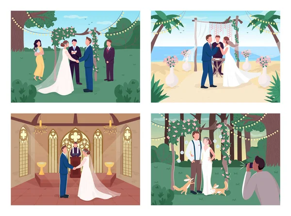 Religious Civil Wedding Ceremony Flat Color Vector Illustration Set Marry — Stock Vector