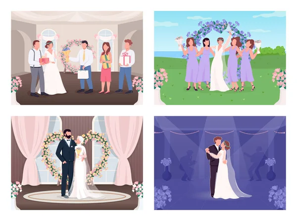 Wedding Celebration Flat Color Vector Illustration Set Newlyweds Couple First — Stock Vector