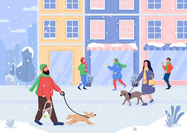 Walking Hund Vintern Platt Färg Vektor Illustration Snöigt Väder Lätt — Stock vektor