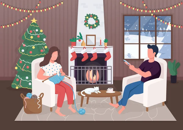 Vánoční Večer Plochý Barevný Vektor Ilustrace Evergreen Tree Hygge Life — Stockový vektor