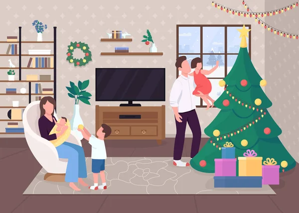 クリスマスの朝のフラットカラーベクトルイラスト 常緑樹を飾る 大きな命だ 子供と遊ぶ 伝統的な装飾されたXmasの家のインテリアと幸せな2D漫画のキャラクターを背景に — ストックベクタ