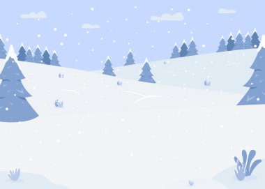 Karlı orman tepeleri düz renk vektör çizimi. Açık hava aktiviteleri için alan. Kızakla kayma yolu. Güzel bir kar alanı. Noel sezonu. Arka planda kar yağışı olan 2B karikatür manzarası