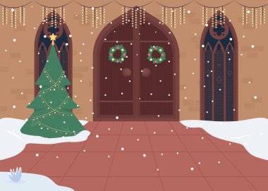 Geleneksel olarak dekore edilmiş kilise düz renk vektör çizimi. Xmas toplanıyor. Noel şarkıları söylüyor. Noel 2D karikatür iç mimarisi ve arka planda büyük ahşap kapılar.