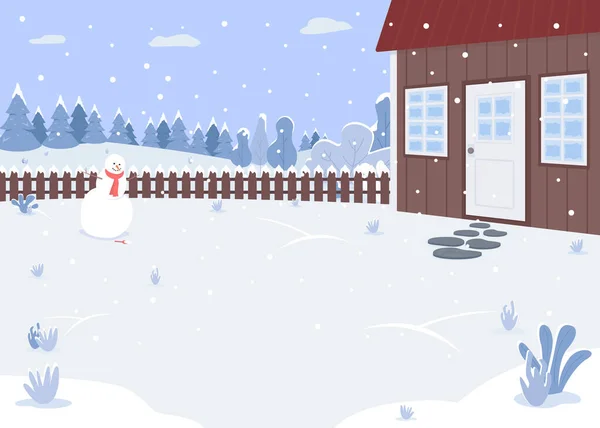 Casa Invierno Patio Plano Vector Color Ilustración Sonriente Muñeco Nieve — Archivo Imágenes Vectoriales