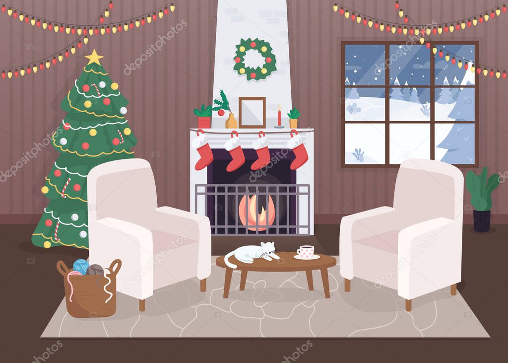 Decorated christmas house inside flat color vector illustration. Hygge atmospere. Calm evening. Xmas tree with lights. Winter 2D cartoon interior with snowy forest hills on background