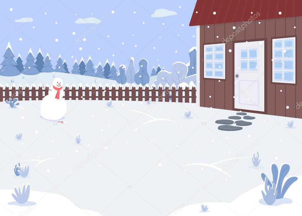Winter house yard flat color vector illustration. Smiling freshly made snowman. Strong snowfall. Christmas weather. Covered with snow 2D cartoon landscape with snowy forest on background
