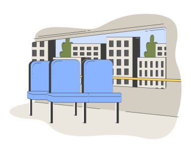 Şehir otobüsü karikatür çiziminde boş mavi koltuklar. Toplu taşıma araçları. Şehir içi kapalı alan görüntüsü 2D düz zemin beyaz üzerine izole edilmiş. Elle çizilmiş karalama renkli