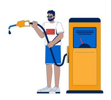 Benzin istasyonu 2D vektör illüstrasyonunda yakıt ikmali yapan Afrikalı Amerikalı bir adam. Beyaz arka planda izole edilmiş benzini doldurmak için yakıt hortumunu tutan siyah adam. Renkli çizgi film resmi