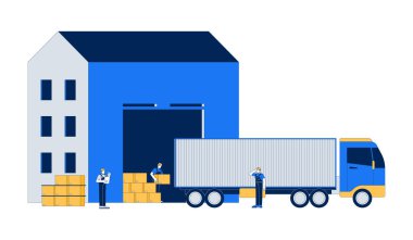 Depo 2D vektör çizimi. Malzeme zinciri nakliyesi. Lojistik işçileri beyaz arka planda izole edilmiş karton kutuları dağıtım kamyonuna yüklüyorlar. Renkli çizgi film resmi