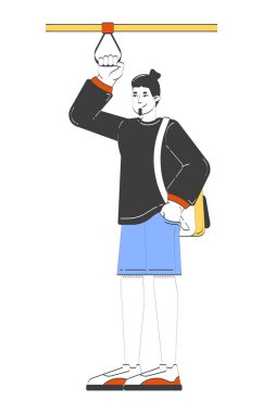 Kafkasyalı sıradan bir adam 2D karalama treninin kayışını tutuyor. Keçi sakallı karikatür insan vektörü beyaz üzerine izole edilmiş taşıyıcı yolcu. El çizimi illüstrasyon