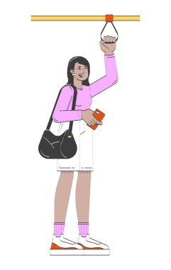 Genç Hintli kadın, 2D karalama karakterinde akıllı telefon ve kapı kolunu tutuyor. Modern banliyö bantlı asma karikatür insan vektörü beyaza izole edilmiş. El çizimi illüstrasyon