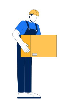 Karton kutu 2D çizgi film karakteri taşıyan suratsız bir depo çalışanı. Elle kaldırma. Tulumlu ambalaj çalışanı ve beyaz şapkalı düz vektör insan. Benek illüstrasyonu renkli