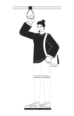 Casual man standing and holding hanging strap on train doodle linear character. Transport passenger with goatee beard 2D vector outline person isolated. Hand drawn drawing illustration monochrome
