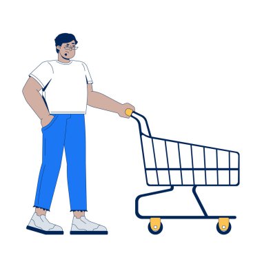Boş alışveriş arabası 2D çizgi film karakteri olan hayal kırıklığına uğramış bir Arap. Mutsuz müşteri. Hayal kırıklığına uğramış adam süpermarket açığı tramvay yassı taşıyıcısı beyazda izole edilmiş. Benek illüstrasyonu renkli