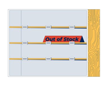 İçi boş raf. Kırmızı tabelası yok. 2D karikatür nesnesi. Ürünsüz raflar, kıtlık. Mağaza envanteri, beyaza izole edilmiş düz vektör klipsleme sanatını sattı. Benek illüstrasyonu