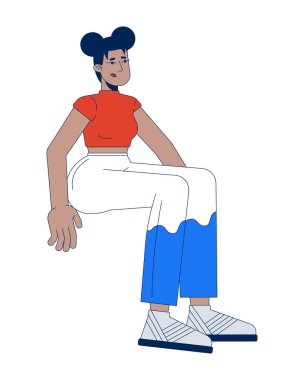 Hayal kırıklığına uğramış siyahi kadın sakin bir şekilde 2D çizgi film karakterinin içinde oturuyor. Moda düşkünü Afrikalı Amerikalı kız, beyazı izole edilmiş, ifadesiz, düz vektör insanı üzdü. Benek illüstrasyonu renkli