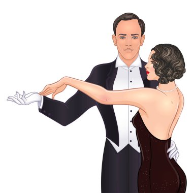 Art deco tarzı dans güzel çift tango. Retro moda: glamour erkek ve kadın yirmili. Vektör çizim. Sineklik Added tarzı. Vintage parti ya da tematik düğün davetiye şablon