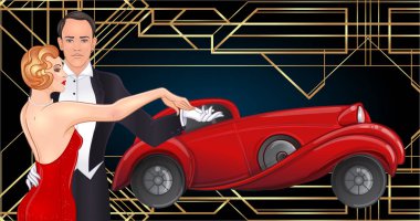 Art deco tarzı dans güzel çift tango. Retro moda: glamour erkek ve kadın yirmili ve kırmızı araba. Vektör çizim. Kükreyen yirmili. Klasik Otomobil, lüks vintage kavramı.