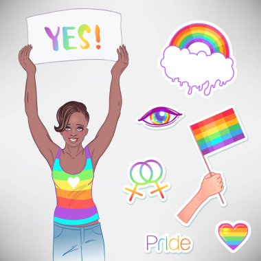 Afiş tutan genç Afrikalı-Amerikalı kız. Feminist protesto kavramı. LGBT, Lezbiyen kadın hakları. Vektör illüstrasyon izole. Ortaya çıkıyor.