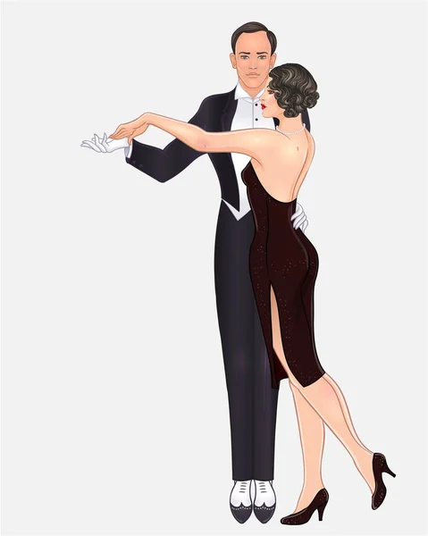 Beau Couple Style Art Déco Dansant Tango Mode Rétro Homme — Image vectorielle