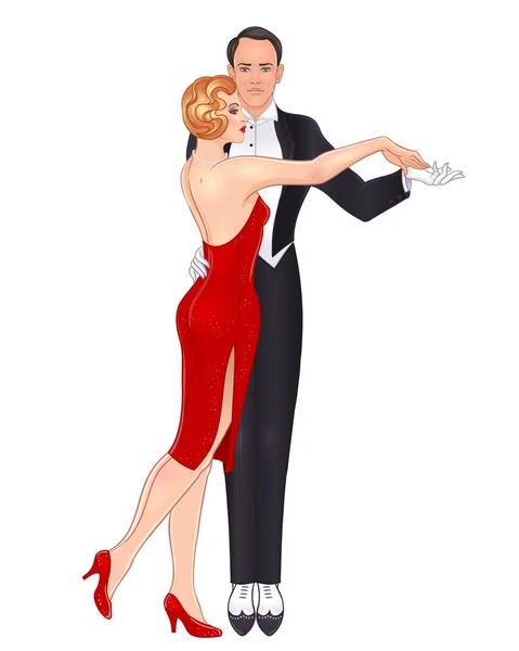 Mooie Paar Art Deco Stijl Dansen Tango Retro Mode Glamour — Stockvector