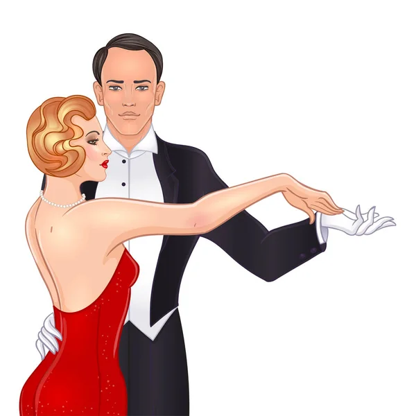 Beau Couple Style Art Déco Dansant Tango Mode Rétro Homme — Image vectorielle