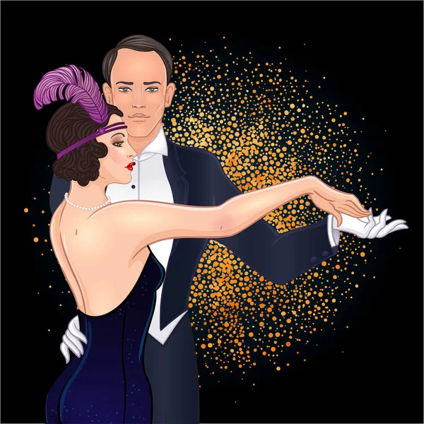 Beau Couple Style Art Déco Dansant Tango Mode Rétro Homme — Image vectorielle