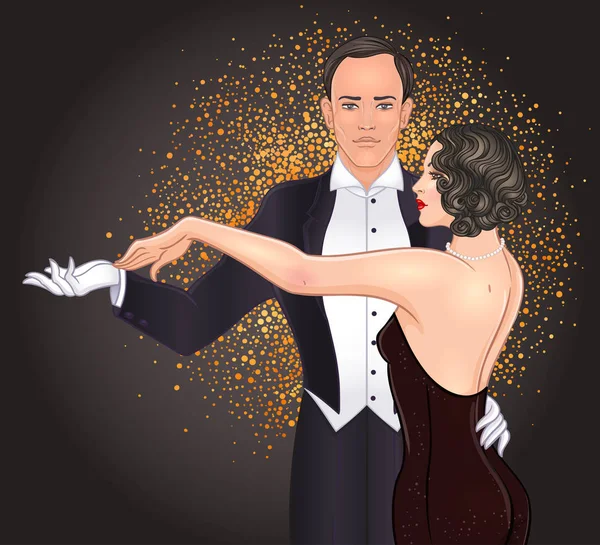 Hermosa Pareja Estilo Art Deco Bailando Tango Moda Retro Glamour — Vector de stock