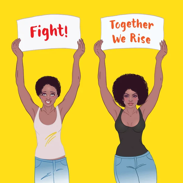 年轻的非洲裔美国女孩高举旗帜 女权主义抗议的概念 黑人妇女权利 矢量插图隔离 — 图库矢量图片
