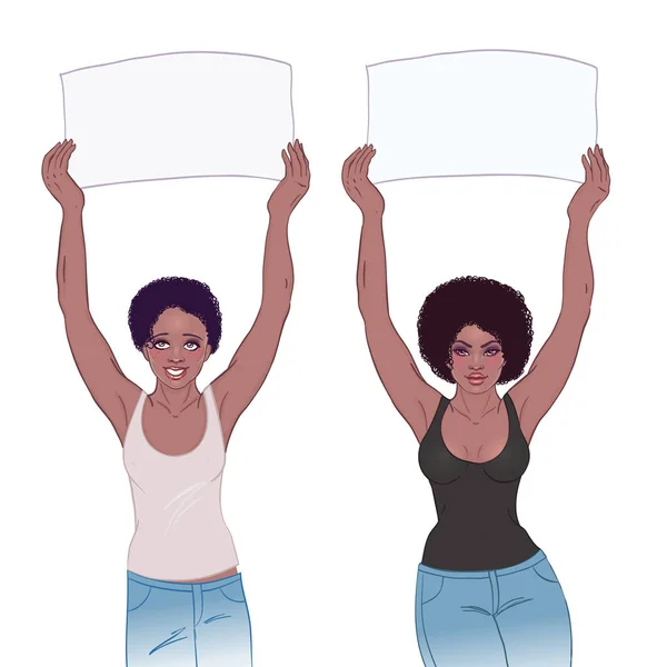 Ung African American Girl Innehar Banner Feministisk Protest Koncept Svart — Stock vektor