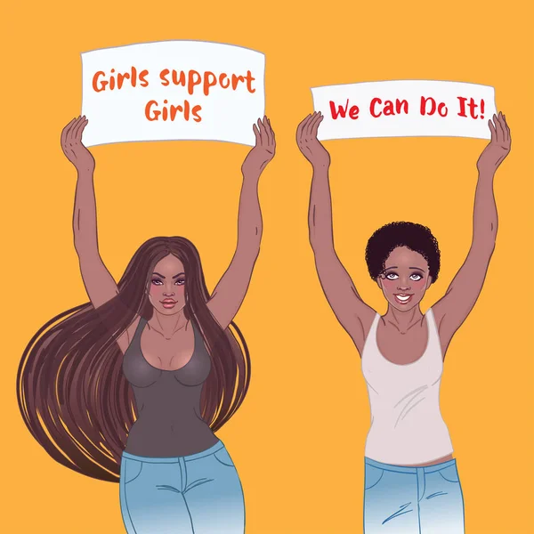 Ung African American Girl Innehar Banner Feministisk Protest Koncept Svart — Stock vektor
