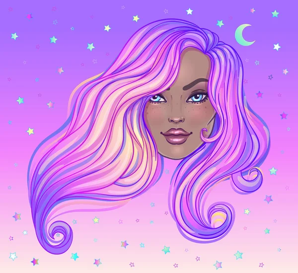 黑暗魔法 神秘女郎与星系使了 满天的星星在她的头发 染成了紫色 新艺术运动风格的启发 占星术 神秘主义概念 鲜艳的色彩 矢量黄道十二宫图 — 图库矢量图片