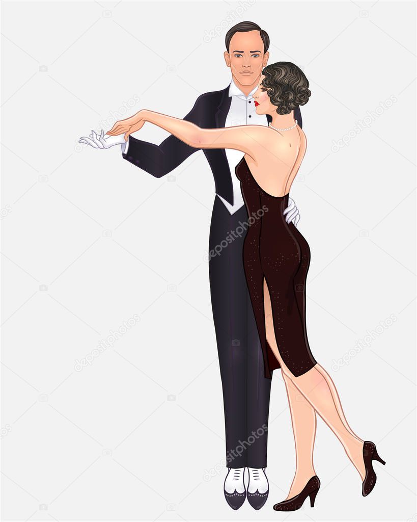 Beautiful couple in art deco style dancing tango. Retro fashion: glamour man and woman of twenties. Vector illustration. Flapper 20's style. Vintage party or thematic wedding invitation template