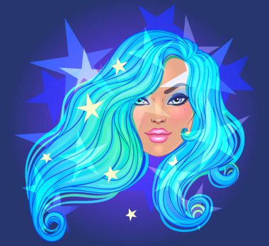 Kara büyü. Galaxy ile gizemli kız olun yukarı ve gökyüzü yıldızlarla dolu ile saçında mor boyalı. Art nouveau ilham. Astroloji, Tasavvuf kavramı. Canlı renkler. Vektör zodyak çizim.