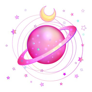 Astronomi: Pembe Satürn gezegeni. Renkli sanat çizilmiş. Kawaii tarzı. Davet elemanları. Vektör illüstrasyon izole. Dövme, Astroloji, simya, büyü, uzay ve doğa sembolü arka plan.