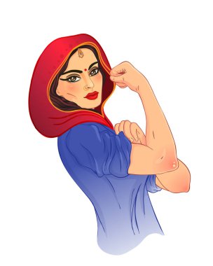 Bunu yapabiliriz! Klasik vintage feminist yazarlarına esinlenen bir tasarım. Kadın güçlendirilmesi. Vektör çizim karikatür tarzı. Hintli kızı ile onu yumruk kaldırdı. Uluslararası Kadınlar günü kavramı.
