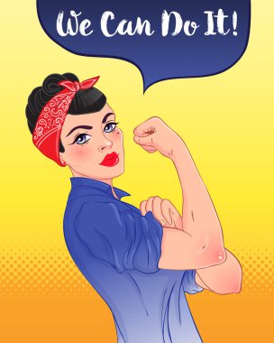 Bunu yapabiliriz! Klasik vintage feminist yazarlarına esinlenen bir tasarım. Kadın güçlendirilmesi. Vektör çizim karikatür tarzı. Esmer kız ile onu yumruk kaldırdı. Uluslararası Kadınlar günü kavramı.