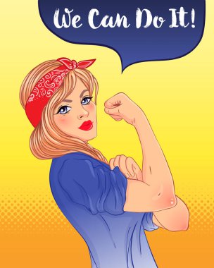 Bunu yapabiliriz! Klasik vintage feminist yazarlarına esinlenen bir tasarım. Kadın güçlendirilmesi. Vektör çizim karikatür tarzı. Sarışın kız ile onu yumruk kaldırdı. Uluslararası Kadınlar günü kavramı.