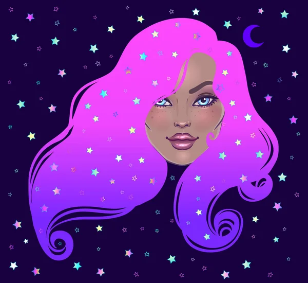闇魔法 ギャラクシーと謎の少女は 彼女の髪 紫染めの満天の星空とを作る アール ヌーボー様式のインスピレーションを得た 占星術 神秘主義の概念 鮮やかな色 ベクトル干支イラスト — ストックベクタ