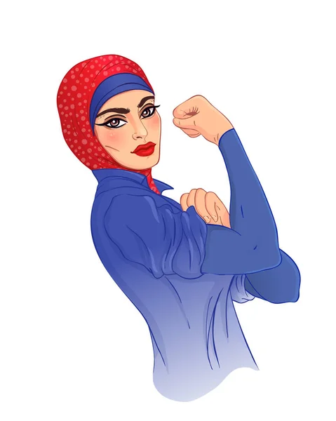 はそれを行うことができます 古典的なヴィンテージポスター フェミニストにインスパイアされたデザイン 女性のエンパワーメント ベクトル イラスト漫画のスタイルで イスラム教徒のヒジャーブ女の子彼女の拳が 国際女性の日の概念 — ストックベクタ