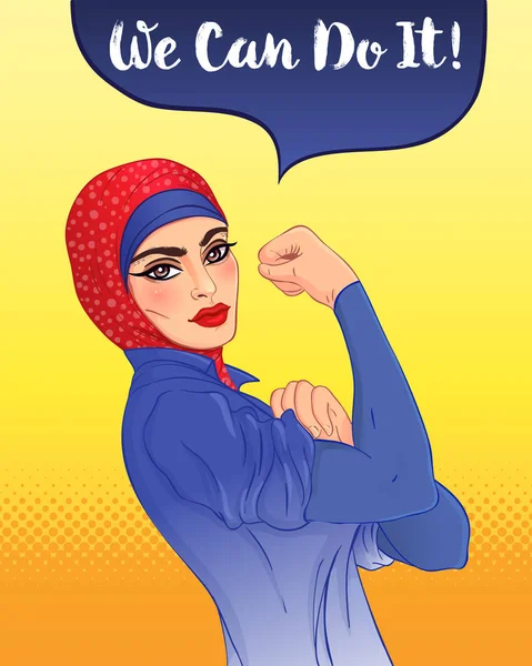 はそれを行うことができます 古典的なヴィンテージポスター フェミニストにインスパイアされたデザイン 女性のエンパワーメント ベクトル イラスト漫画のスタイルで イスラム教徒のヒジャーブ女の子彼女の拳が 国際女性の日の概念 — ストックベクタ