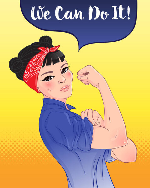 We can do it! Design inspired by classic vintage feminist poster.  Woman empowerment. Vector Illustration in cartoon style. Asian girl with her fist raised up. International women day concept.