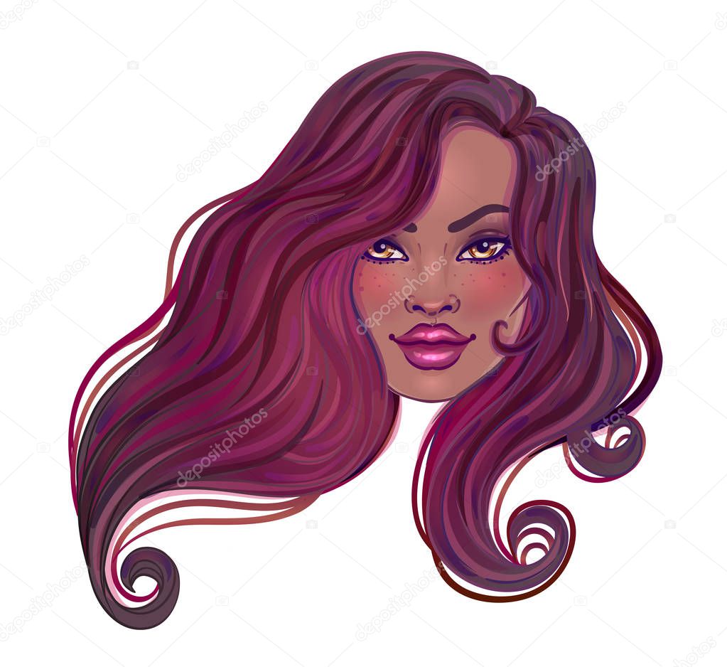 Beautiful woman with long wavy hair flowing in the wind. Hair salon concept. vector illustration isolated. Portrait of a young African American woman. Glamour Fashion concept.