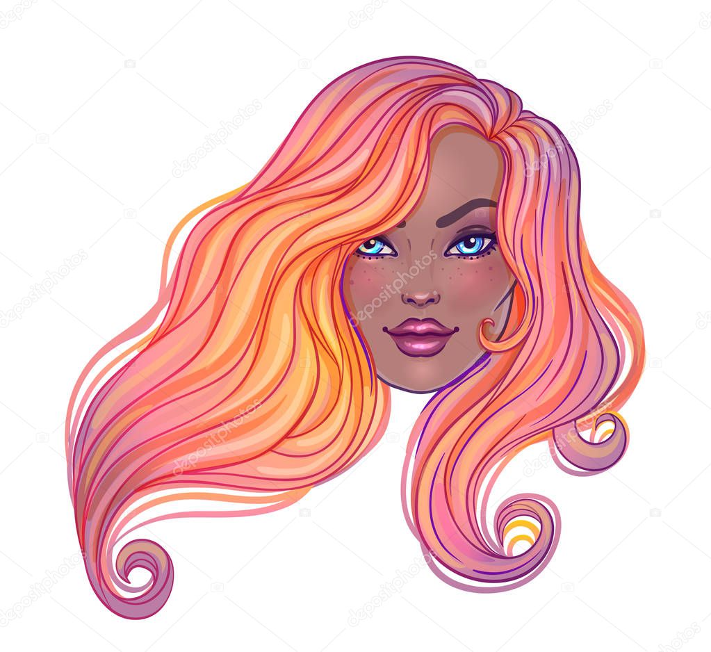 Beautiful redhead woman with long wavy hair flowing in the wind. Hair salon concept. vector illustration isolated. Portrait of a young Caucasian woman. Glamour Fashion concept.