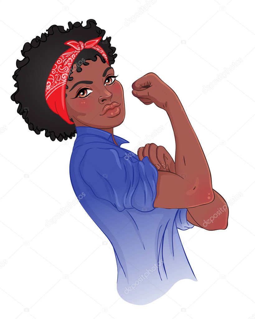 We can do it! Design inspired by classic feminist poster.  Woman empowerment. Vector Illustration in cartoon style. African American girl with her fist raised up. International women day concept.