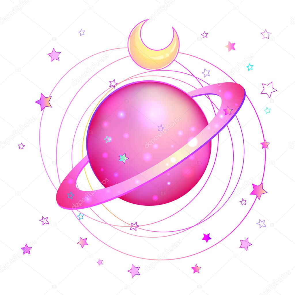 Astronomy: Pink Saturn planet. Hand-drawn colorful art. Kawaii style. Invitation elements. Isolated vector illustration. Tattoo, astrology, alchemy, magic, space and nature symbol background.