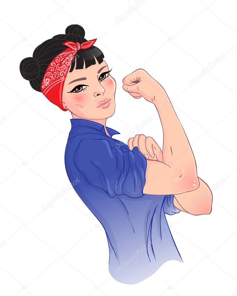 We can do it! Design inspired by classic vintage feminist poster.  Woman empowerment. Vector Illustration in cartoon style. Asian girl with her fist raised up. International women day concept.