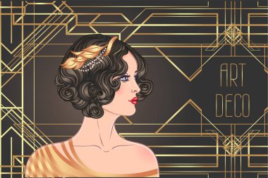 Art Deco vintage davetiye şablon tasarım çizim sineklik kız ile. desen ve çerçeveler. Retro parti arka plan (1920 's style) ayarlayın. Glamour olay, tematik düğün veya caz parti vektör.