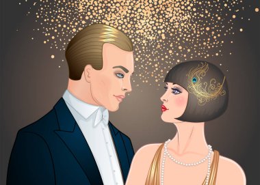 Güzel çift art deco tarzında. Retro moda: glamour erkek ve kadın yirmili. Vektör çizim. Sineklik Added tarzı. Vintage parti ya da tematik düğün davetiye tasarım şablonu.