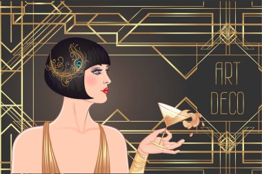 Sıçrama ile kokteyl cam tutan el. Art deco (1920 's tarzı) vintage davetiye şablon tasarım menü, glamour olay, tematik düğün, caz partisi ilanı bar içecek listesi için. Vektör sanat.